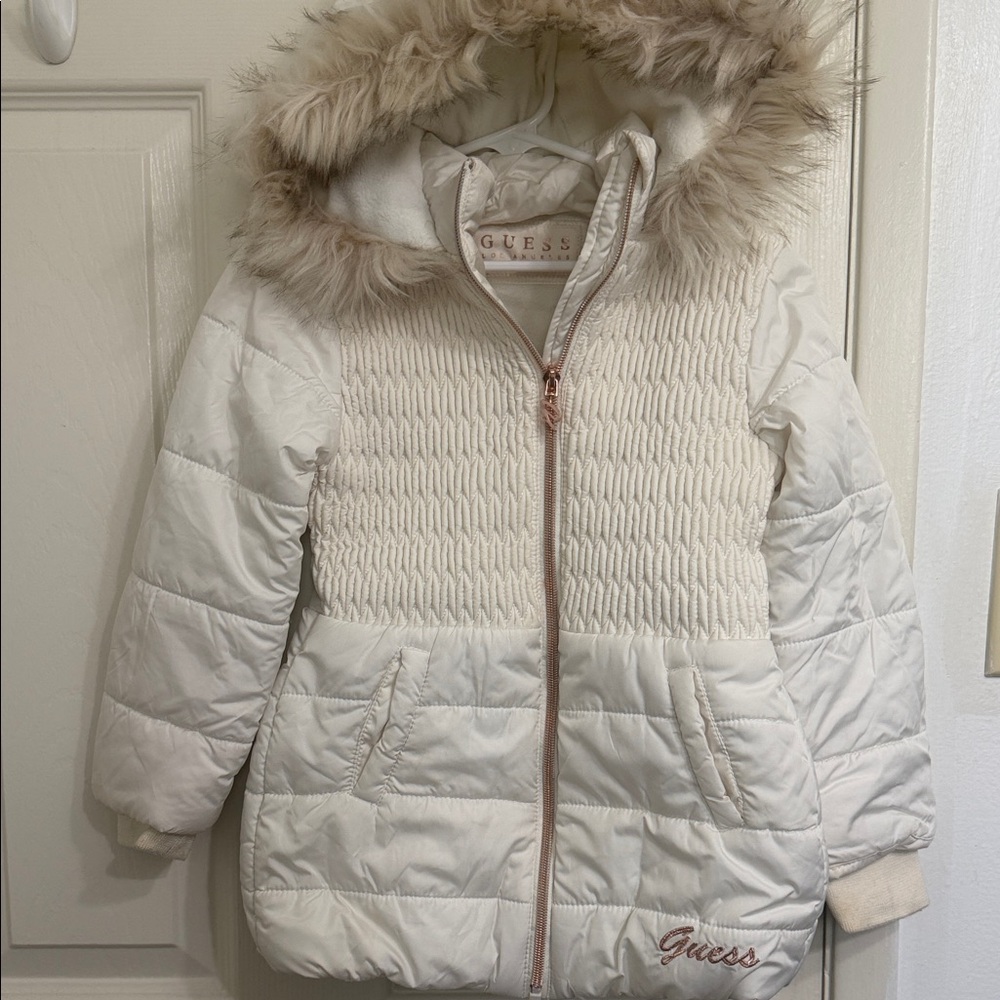 Guess Kids Ivory Puffer Coat with Faux Fur Trim